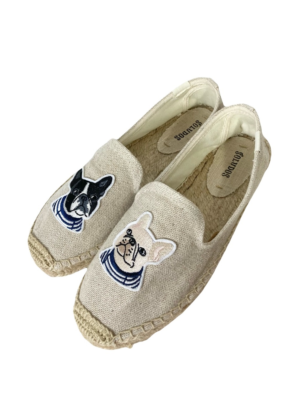Nwot SOLUDOS Shoes Women 7 French Bulldog Espadrilles Cream Canvas Loafers Flat